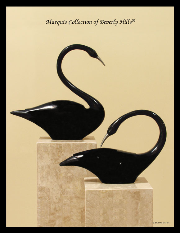 Swan Sculpture - Head Up, Black Stone with Stainless Finish