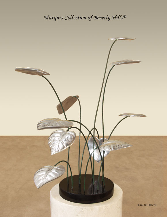 Lily Pads Sculpture, 100% NATURAL Inlaid Black Stone base with Leaves in Stainless Steel finish