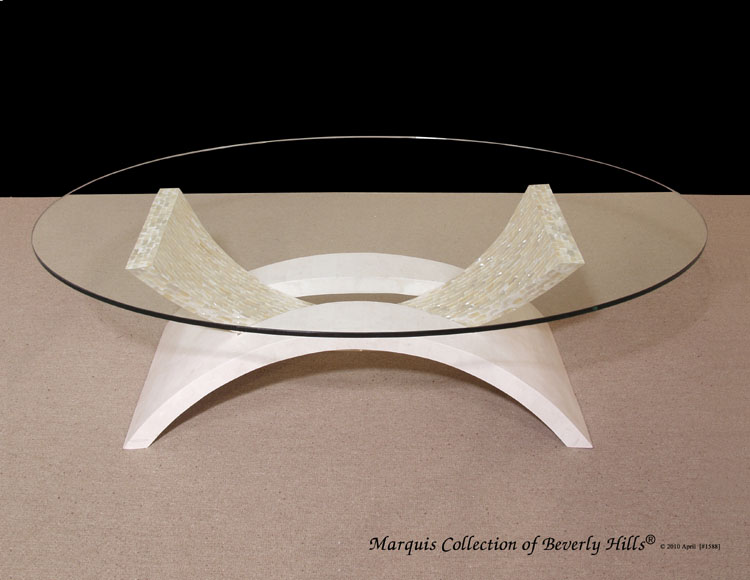 Mystique' Contemporary Cocktail Table, White Ivory Stone with Trocca Seashell Trim and Oval Glass Top