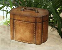 Four Posted Oval Antique GENUINE LEATHER with real GOLD Leaf Embossing Box w/Handle