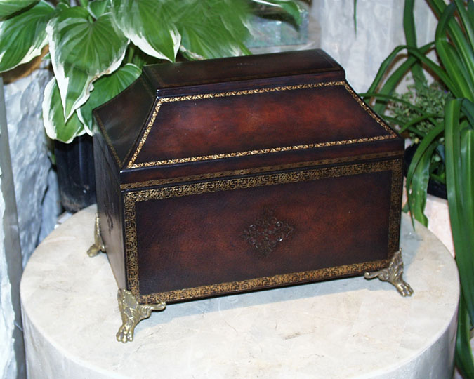 Rectangular Dark Brown Leather Box with China Top  Carved Corner feet