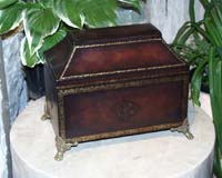 Rectangular Dark Brown Leather Box with China Top  Carved Corner feet