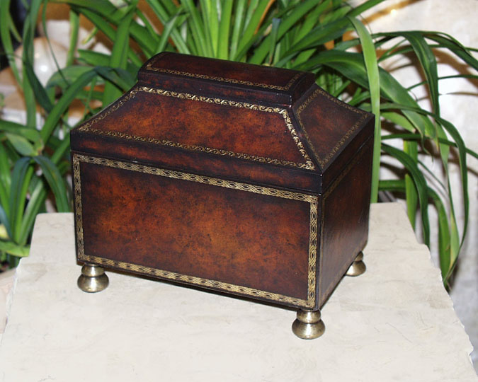 Rectangular Antique GENUINE LEATHER with real GOLD Leaf Embossing Box with Bun feet